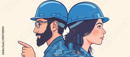 Two engineers stand back to back, discussing their plans for a city while buildings surround them in the background.