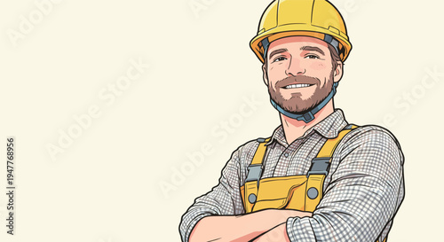 A man in safety gear stands with arms crossed, smiling while wearing a yellow hard hat. He is in a work environment.