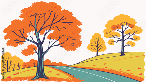 A cartoon illustration of trees on a hillside beside a road during autumn Vector