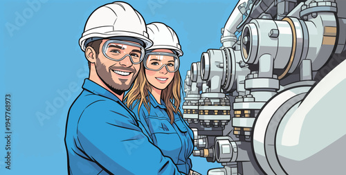 Two workers stand next to big machines in a factory setting. They wear safety gear and look happy while posing for the camera.