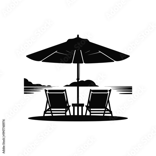 Black and white illustration of beach chairs under a parasol