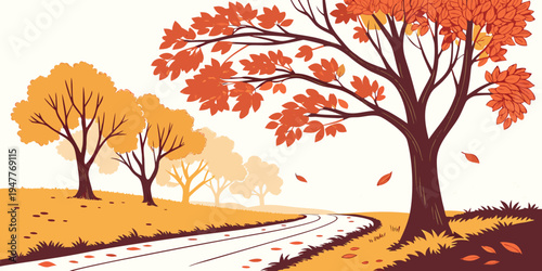 A colorful illustration of trees with orange leaves on a hillside Vector