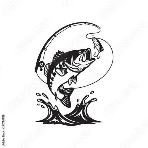 Jumping Bass Fish Catching Lure Vector Illustration, Fishing Rod and Water Splash Silhouette Vector