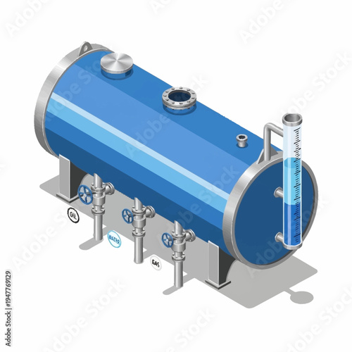 Isometric illustration of a blue industrial tank with valves and a level indicator, showcasing engineering design.