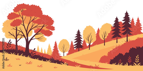 A colorful pixel art landscape with trees on a hillside during autumn Vector