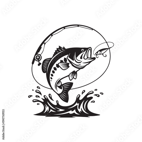 Jumping Bass Fish Catching Lure Vector Illustration, Fishing Rod and Water Splash Silhouette Vector