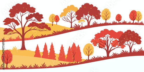 A scenic landscape with autumn trees on rolling hills Vector