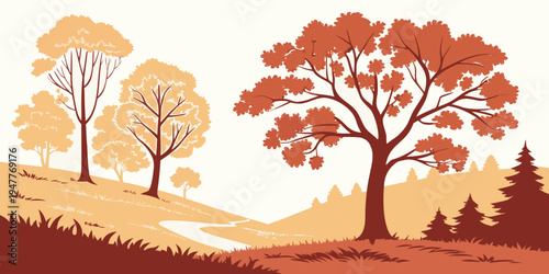 A scenic landscape with trees on a hillside in autumn colors Vector