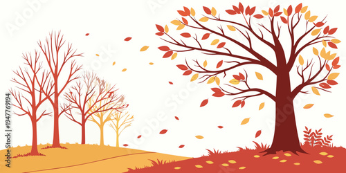 A tree with red and yellow leaves on a hill Vector
