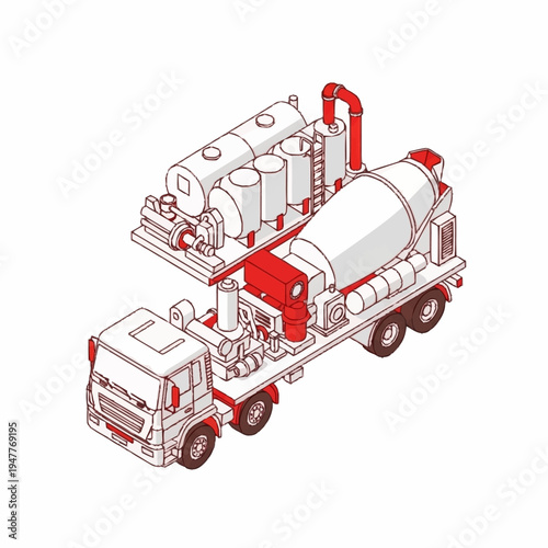 Isometric illustration of a concrete mixer truck with a detailed view of its internal components and mixing drum.
