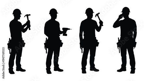 Four construction workers in different poses with tools