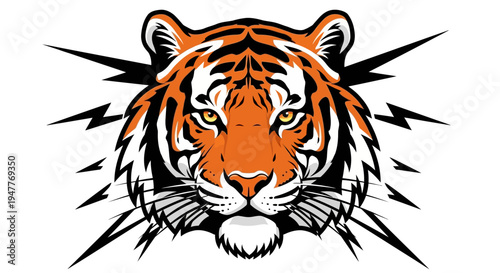 Dynamic graphic of a majestic tiger's face surrounded by bolts of lightning, representing intense energy, courage, and an untamed, swift spirit, perfect for a powerful logo