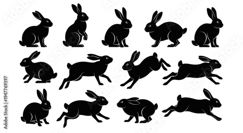 Collection of black rabbit silhouettes in various poses and movements.