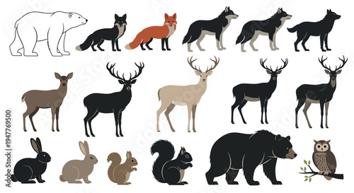 Collection of various wild animals including deer, bears, foxes, wolves, rabbits, squirrels, and an owl.