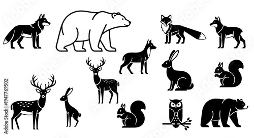 Collection of various forest animals in black and white silhouette style.