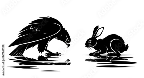 Eagle and rabbit facing each other in a stylized black and white illustration.