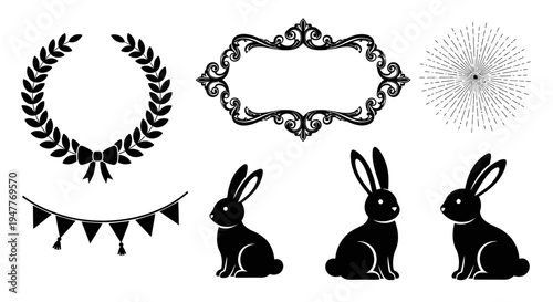 Collection of black silhouettes featuring rabbits, a laurel wreath, an ornate frame, a sunburst, and a string of pennants.