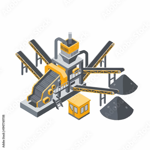 Isometric illustration of a mining and processing plant with conveyors and piles of material.