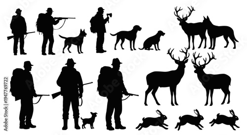 Silhouettes of hunters, dogs, deer, and rabbits in a hunting-themed collection.