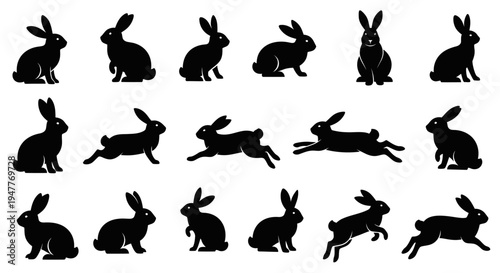 Collection of various rabbit silhouettes in different poses and actions on a white background.