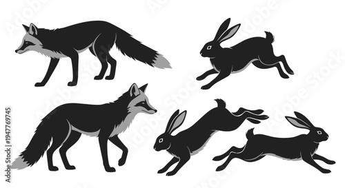 Silhouettes of wild foxes and rabbits in various dynamic poses.
