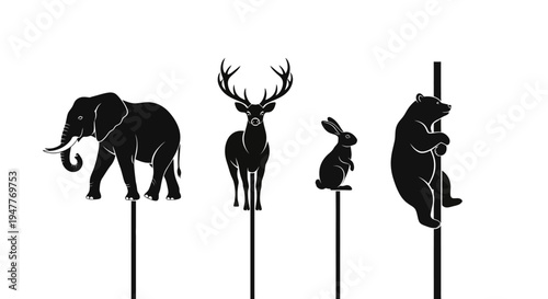 Silhouettes of various animals balancing on thin poles in a row.