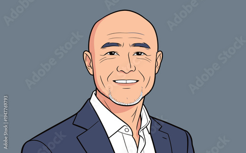 A man with a bald head smiles warmly while dressed in a suit. He stands against a plain gray background.