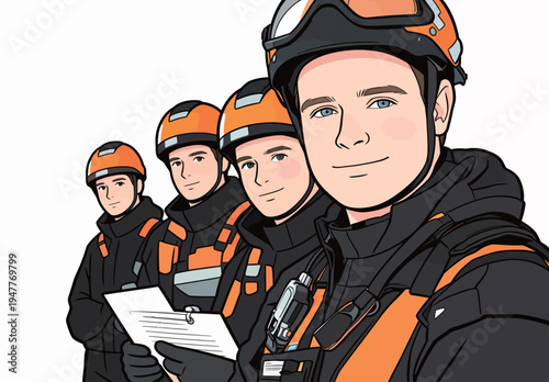 Four rescue team members stand together wearing helmets and safety gear. They are getting ready for a training session.