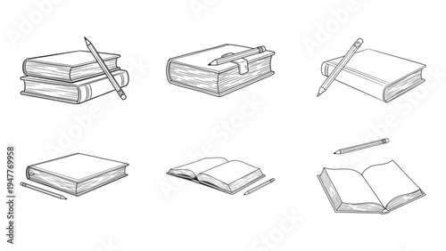 Collection of Book Layout Illustrations Showing Open Closed and Stacked Textbooks for Education and Publishing Design