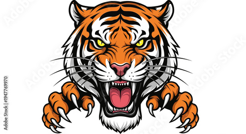 Powerful and ferocious tiger head mascot illustration with sharp claws, roaring fiercely, embodying strength, courage, and aggressive wildlife spirit for sports teams or branding
