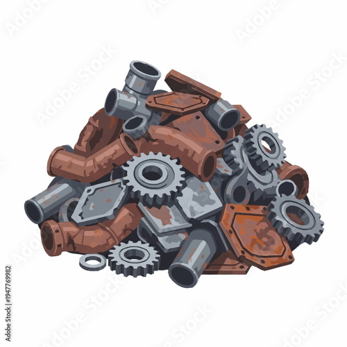 A pile of scrap metal including pipes, gears, and flat metal plates, some showing rust.
