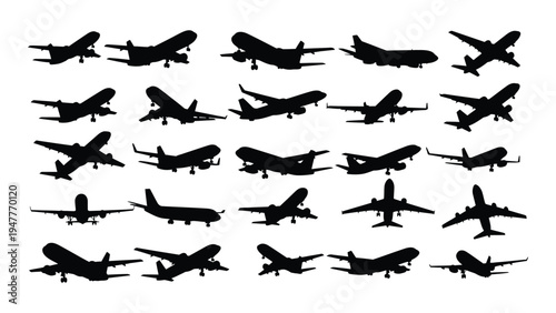 Collection of various airplanes in different flying positions