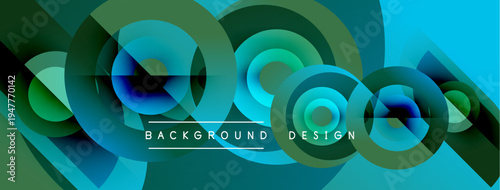 Abstract design features overlapping circles, gradients. Blue, green hues dominate composition. Text reads background design. Modern aesthetic.