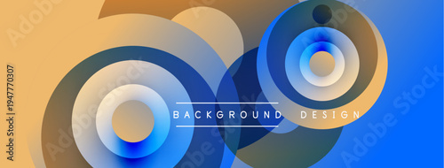 Abstract circles overlap, creating vibrant color gradients. Blue, orange, brown hues blend seamlessly. Modern design element.