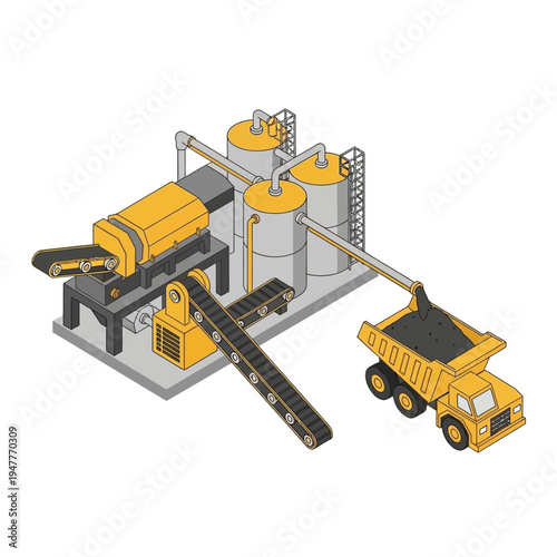 Isometric illustration of an industrial facility with a conveyor belt system loading a dump truck with material, showcasing a processing plant with silos and machinery.