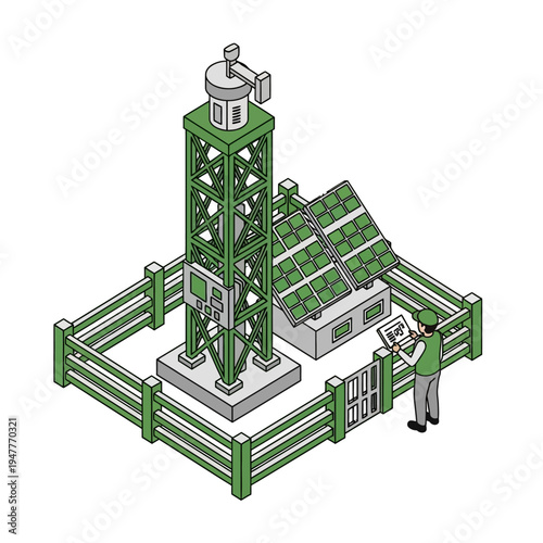An isometric illustration of a weather monitoring station powered by solar energy, featuring a tall tower, solar panels on a building, and a person operating a device.