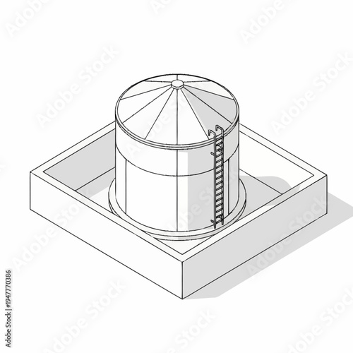 Isometric illustration of a large industrial storage tank situated within a concrete containment bund, featuring a ladder for access.