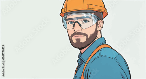 A man in a hard hat and safety glasses stands in a work area. He looks directly at the viewer with focus and determination.