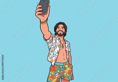 A man smiles and holds a smartphone in one hand to take a selfie. He wears bright clothes and stands against a blue background.