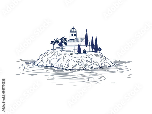 Minimalist Line Art of Mediterranean Island Church and Villa in Blue Ink