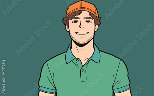 A man stands and smiles while wearing a green shirt and an orange cap. He appears happy and ready for a casual day.