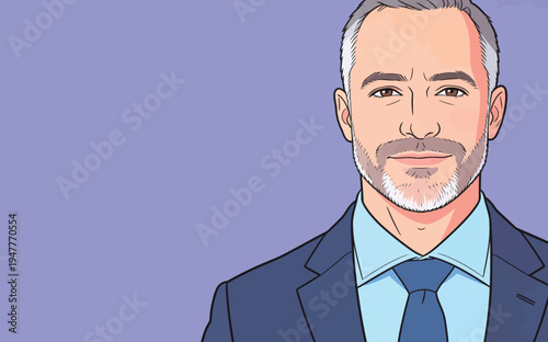 Man with gray hair and beard wears a suit and tie while posing against a purple backdrop in a business context.