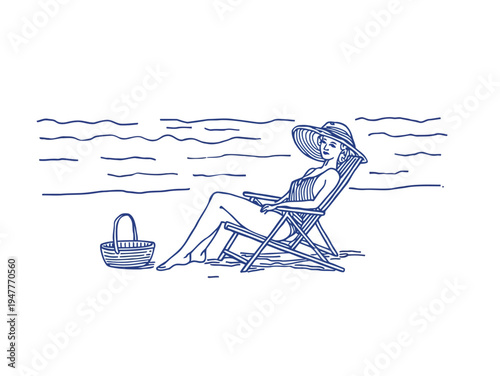 Minimalist Line Art Drawing of Woman Relaxing on Beach Deck Chair