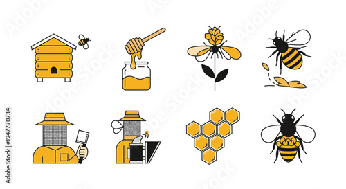 Collection of bee icons and symbols.