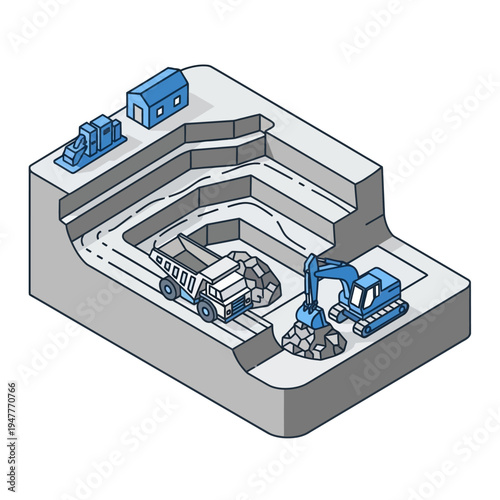 Isometric illustration of an open-pit mine with heavy machinery, including a dump truck and an excavator, actively extracting and transporting materials.
