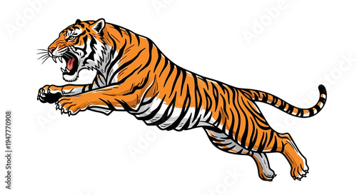 Dynamic and powerful tiger in a majestic leap, showcasing its strength and agility with vibrant orange stripes and fierce expression, an emblem of wilderness