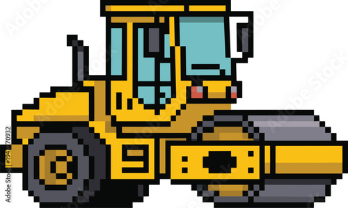 Yellow Road Roller Pixel Art Vector Illustration Featuring Retro 8-bit Style Construction Machinery for Game Design Engineering Projects Road Building Equipment and Industrial Digital Art GraphicsYell