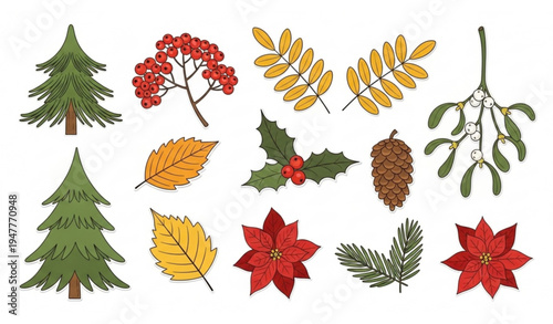 Winter and New Year Cartoon Sticker Set with Rowan, Fir Tree, Leaves, and Flowers in Retro Style