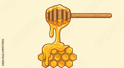 Honey dripping from dipper on honeycomb.