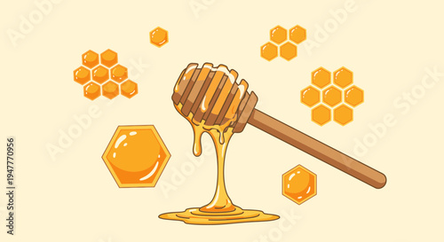 Honey dipper with dripping honeycomb.